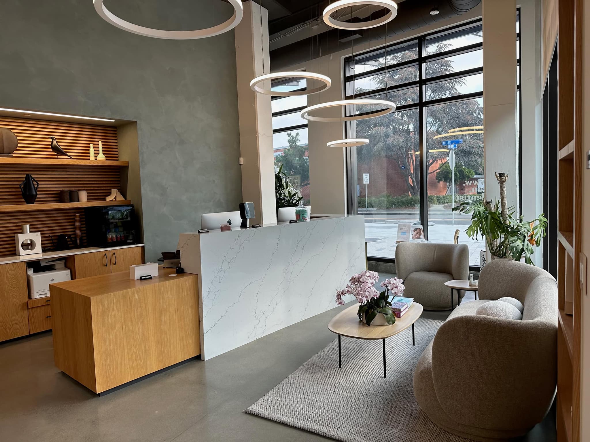 The light-filled reception and lounge — marble desk, ring pendants, and warm wood